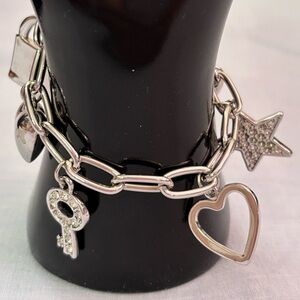 Charm Bracelet with Hearts, Rhinestone Star and Lock and Key in Silver-Tone